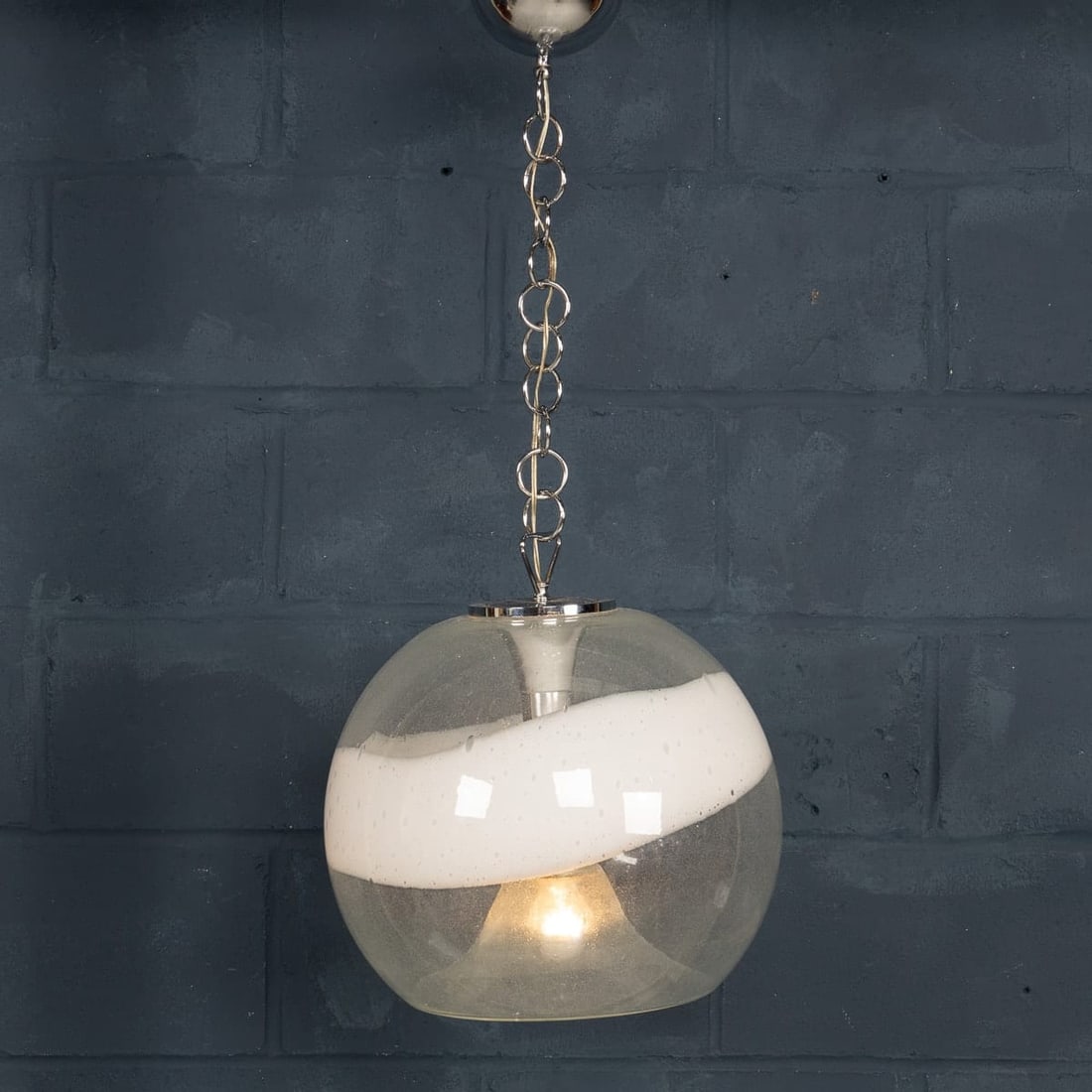 20thC ITALIAN WHITE & CLEAR MURANO GLASS PENDANT LAMP c.1970 - 2