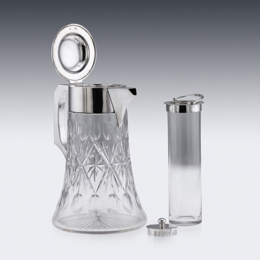 ANTIQUE 19thC VICTORIAN SOLID SILVER & CUT GLASS LARGE CLARET JUG, LONDON c.1896 - 11