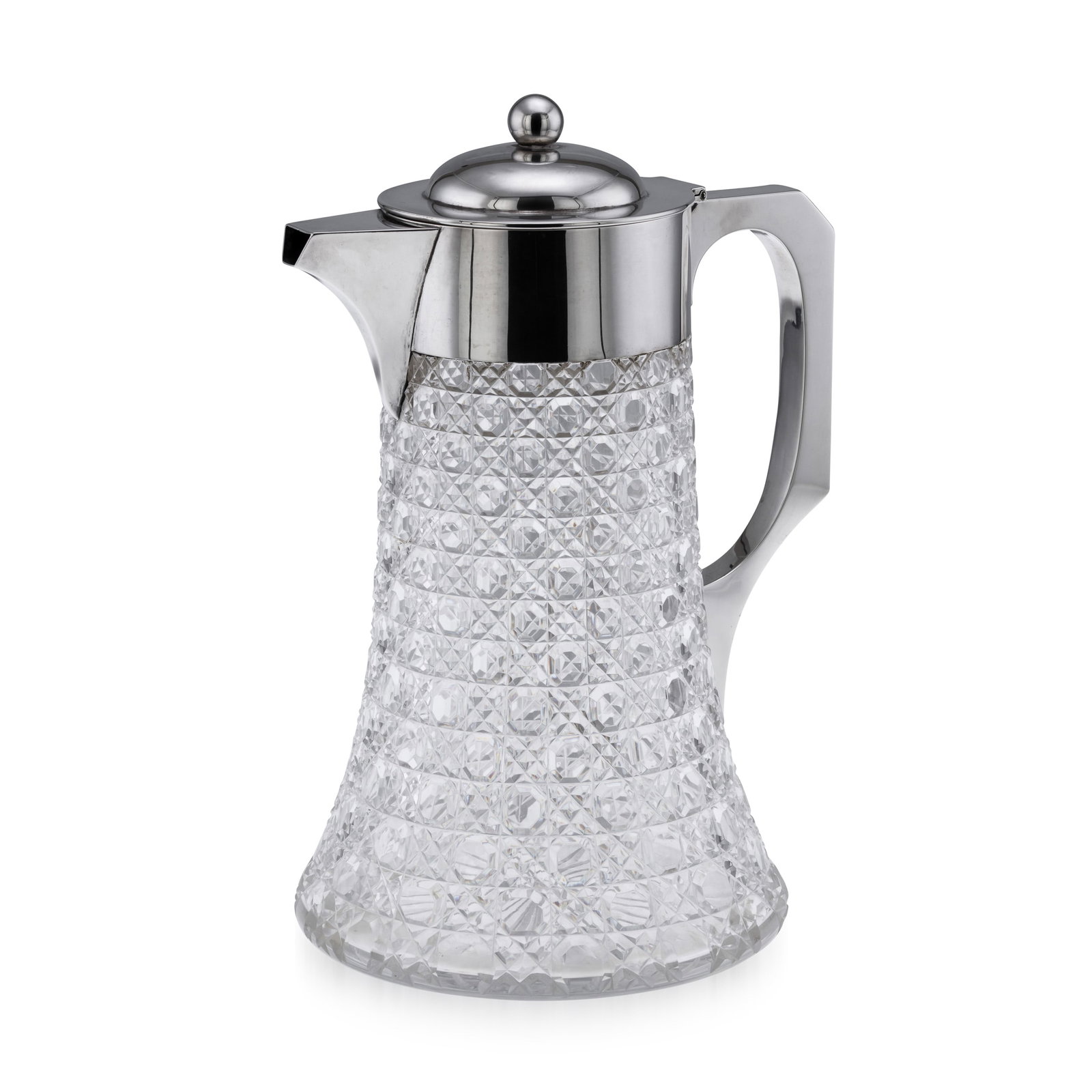 ANTIQUE 19thC VICTORIAN SOLID SILVER & CUT GLASS LARGE CLARET JUG, LONDON c.1896: Antique 19th Century Victorian solid silver & cut glass large claret jug. Of tapering form, the body is cut in a cane-cut style with a mounted solid silver handle, neck and hinged lid. This massiv