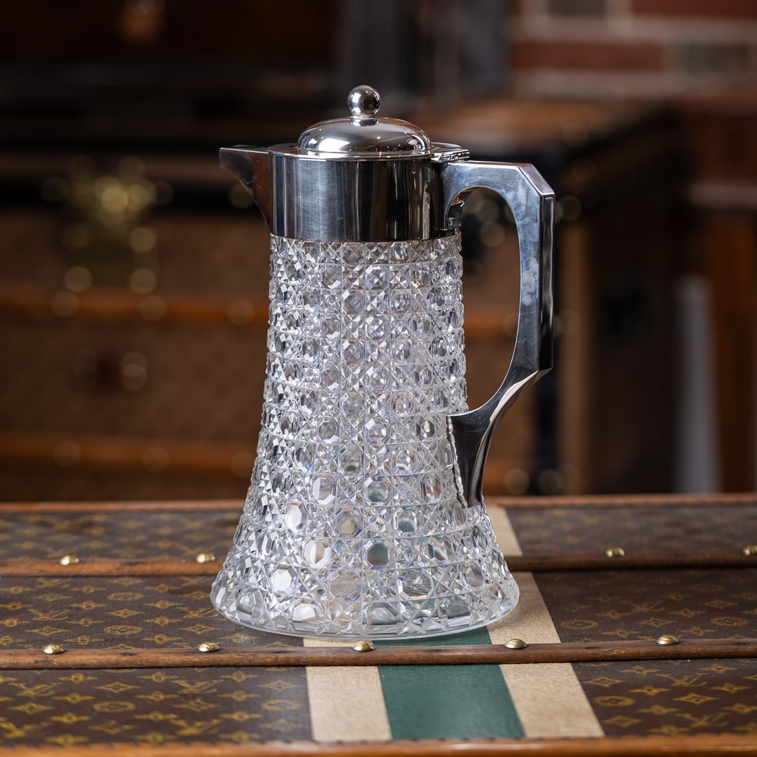 ANTIQUE 19thC VICTORIAN SOLID SILVER & CUT GLASS LARGE CLARET JUG, LONDON c.1896 - 2