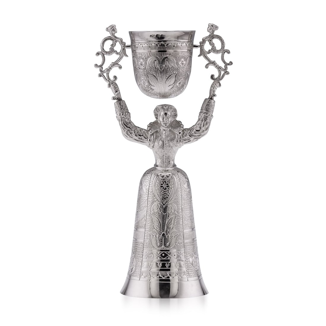 NOVELTY 20thC SOLID SILVER WEDDING WAGER CUP, LONDON c.1973: The silver wager cup was created for use at wedding banquets, where the spouse drank wine from the bigger cup and offered his bride to drink from the smaller cup, avoiding pouring out its content. Hal