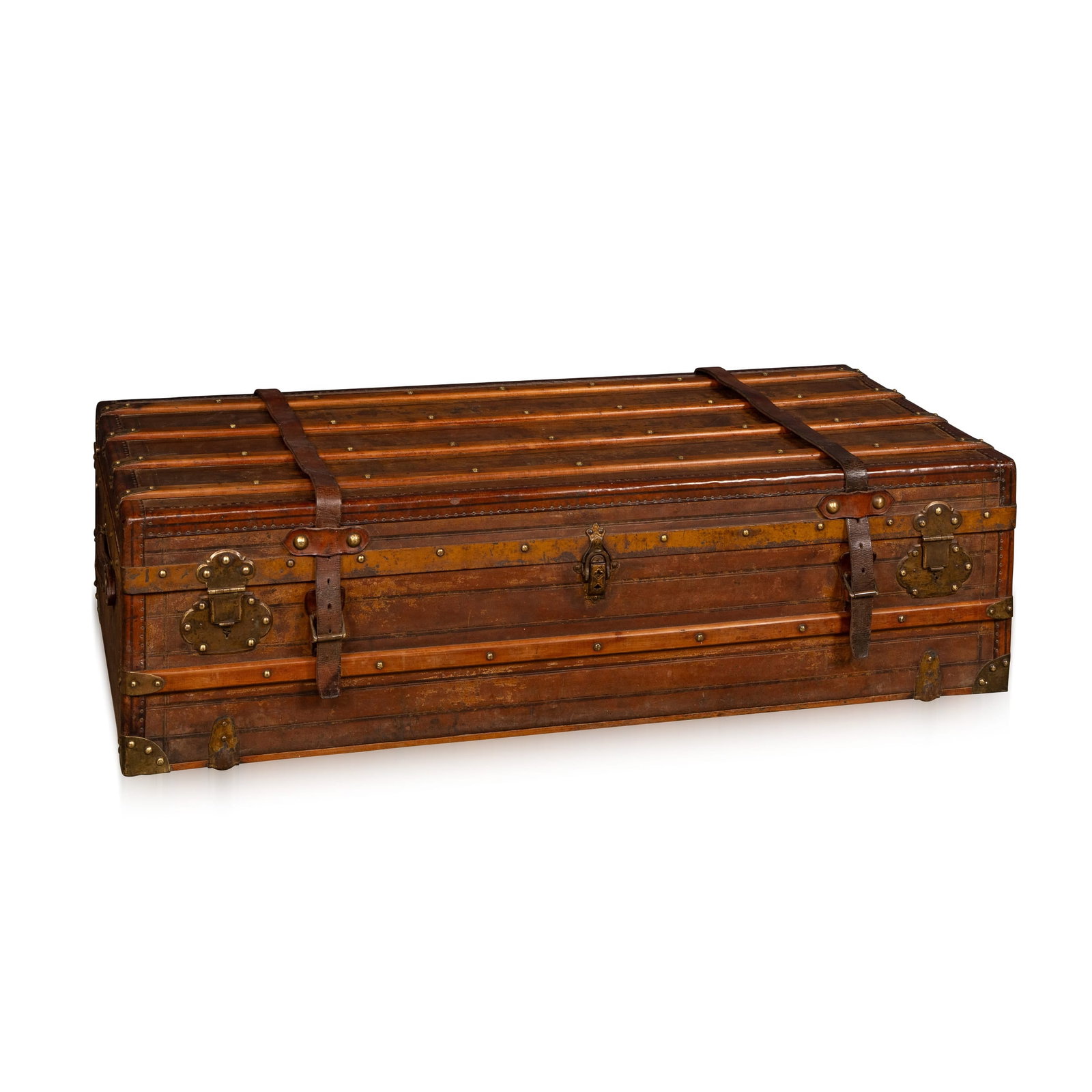 ANTIQUE 19thC VICTORIAN LEATHER TRAVEL TRUNK c.1870: A rare 19th Century Victorian leather trunk, reinforced with wooden battens and retaining its original brass lock and fittings. Well constructed, it reflects the durability and practical design of