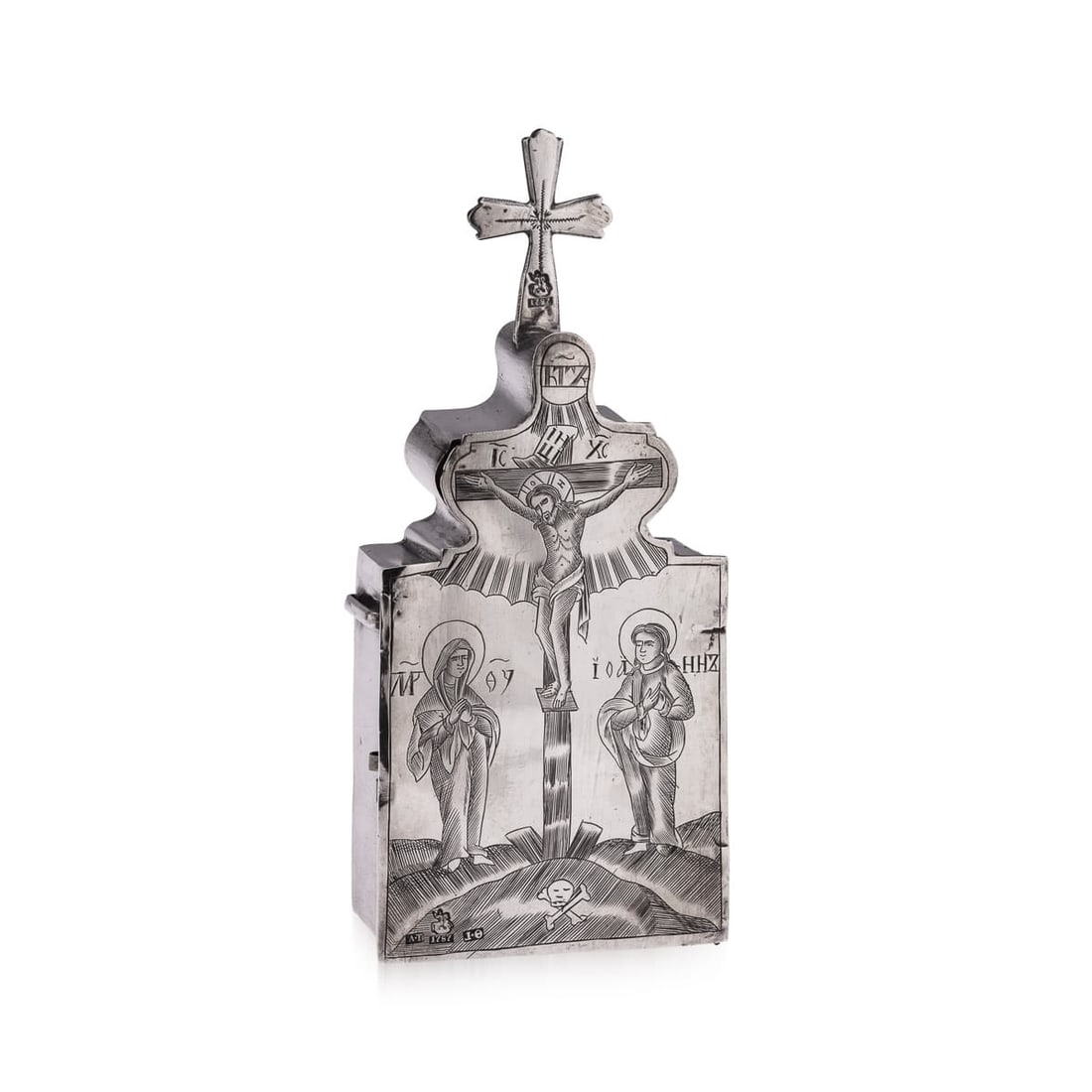ANTIQUE 18thC RUSSIAN SOLID SILVER RELIQUARY BOX, MOSCOW c.1795: Antique 18th Century Imperial Russian solid silver reliquary box, finely hand engraved and richly decorated. On Russian Orthodox reliquary boxes, inscriptions such as IC XC (an abbreviation for