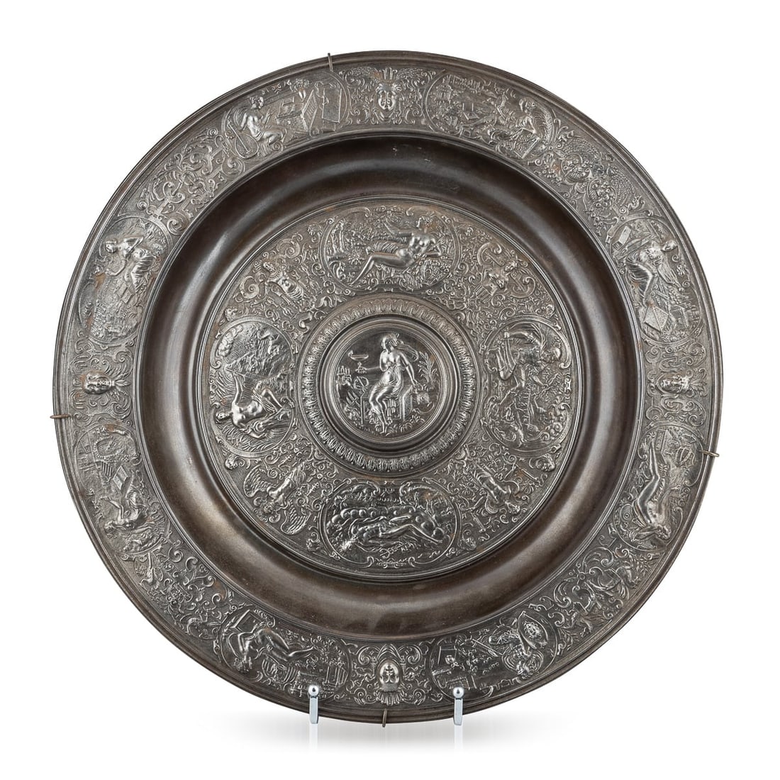 ANTIQUE 19thC VICTORIAN IRON REPOUSSE RENAISSANCE "TEMPERANCE" BASIN c.1880: Antique 19th Century Victorian iron "temperance" basin. Made after François Briot (1545-1620). The center has a classical figure of Temperance inside a border of four cartouches interspersed
