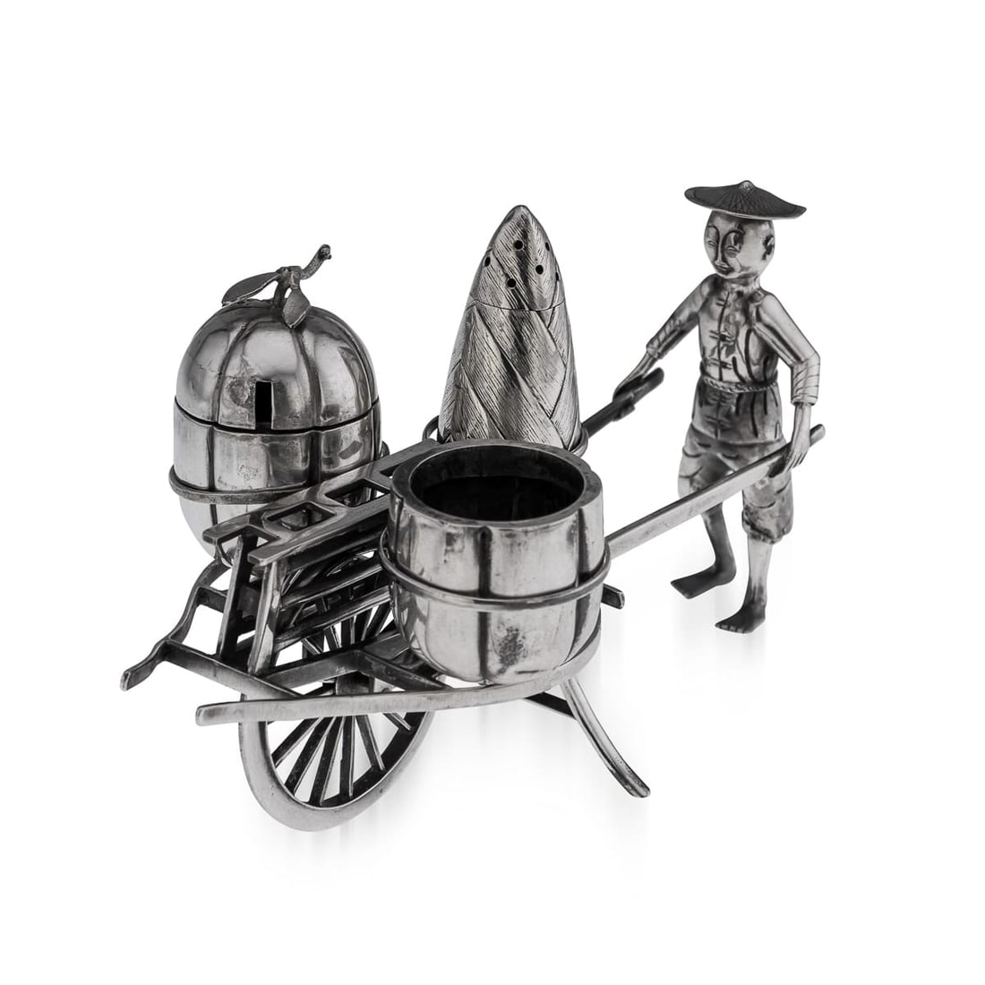 ANTIQUE 20thC CHINESE EXPORT SOLID SILVER CONDIMENT SET c.1900: Antique early 20th Century Chinese novelty solid silver condiment set, comprising a pepperette, salt and mustard pot, fitted in a traders pushcart. Hallmarked Chinese Export Silver, Maker's mark for