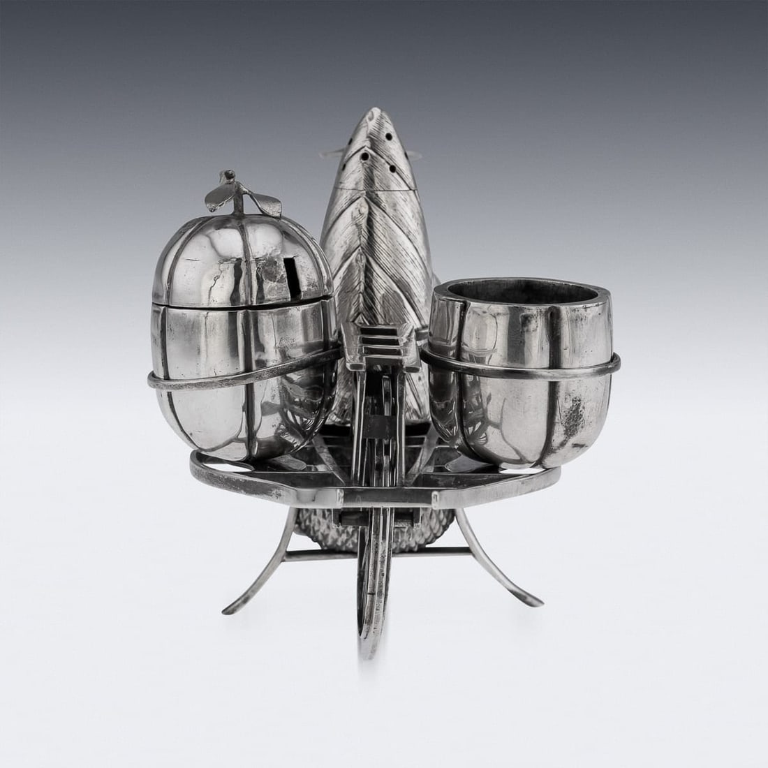 ANTIQUE 20thC CHINESE EXPORT SOLID SILVER CONDIMENT SET c.1900 - 6