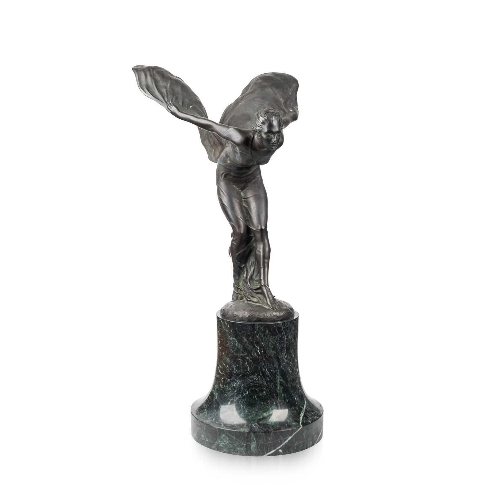 ROLLS ROYCE 'SPIRIT OF ECSTASY' SHOWROOM BRONZE, SIGNED CHARLES SYKES NO.13: A 20th Century British showroom display bronze of the legendary Rolls-Royce mascot which was designed by Charles Sykes R.A, the dark patinated bronze sculpture is set on a shaped marble plinth. Signed