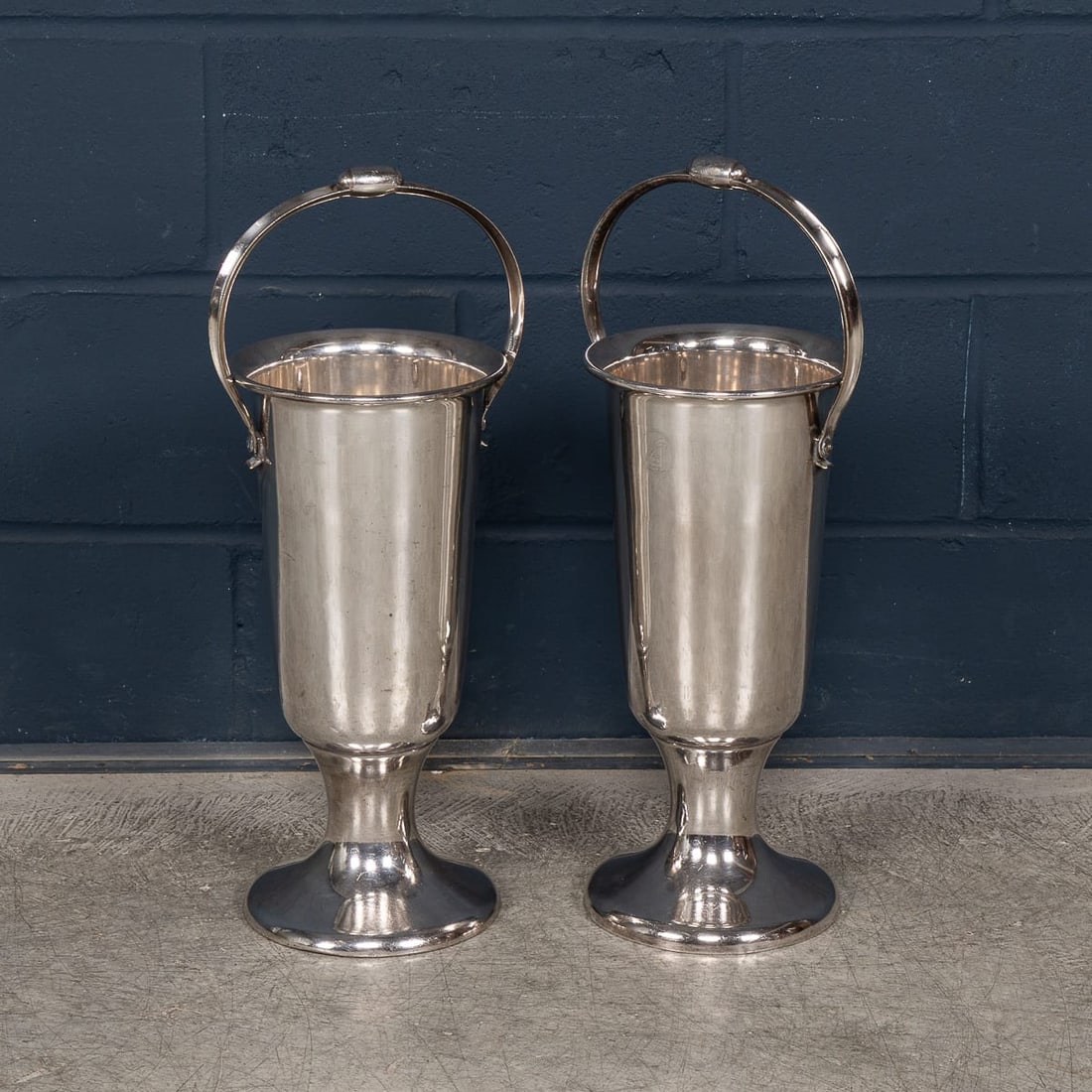 VINTAGE 20thC PAIR OF ENGLISH FLOOR STANDING SILVER PLATED WINE COOLERS - 2