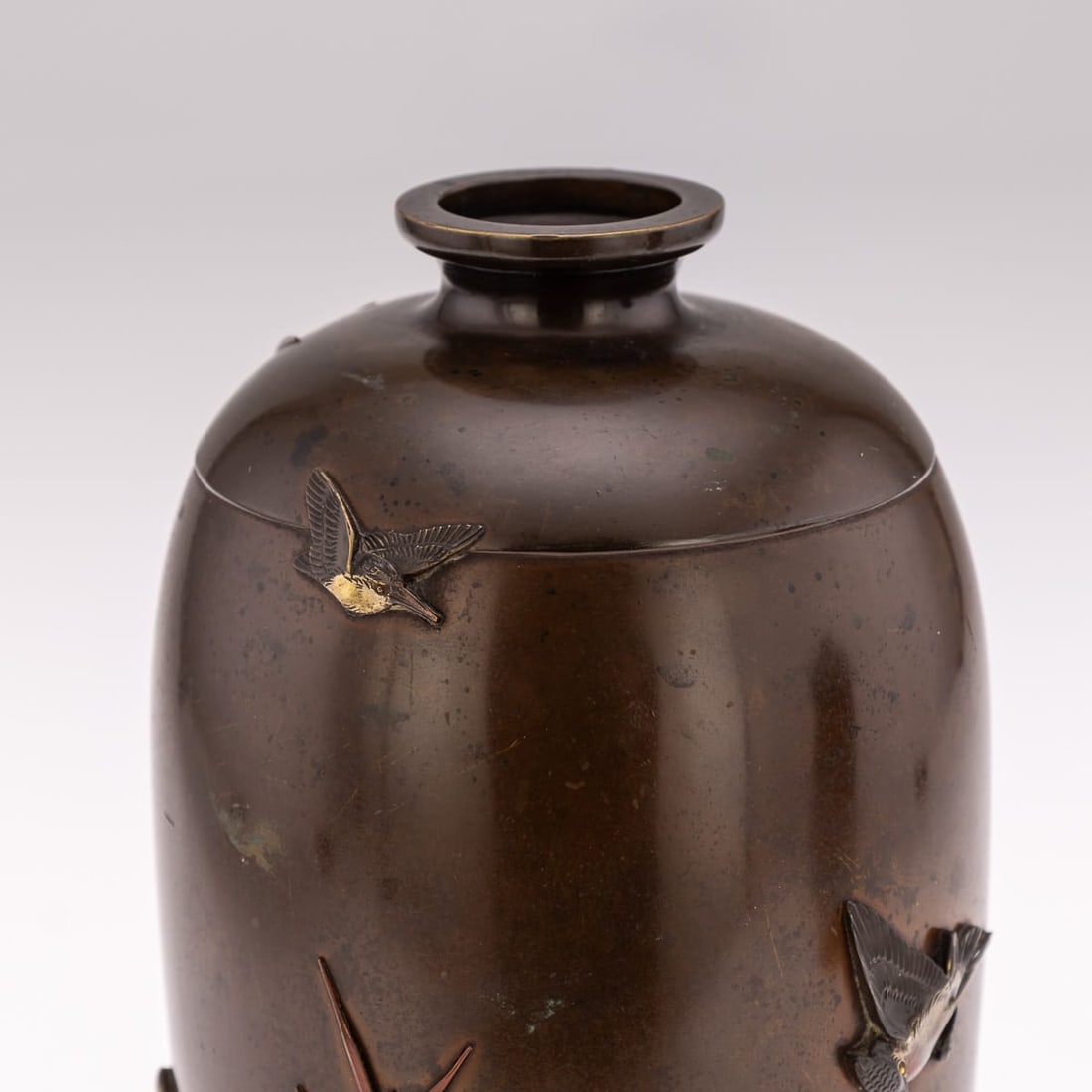 ANTIQUE 19thC JAPANESE MEIJI PERIOD PAIR OF INLAID BRONZE OVOID VASES BY MIYABE C.1890 - 14