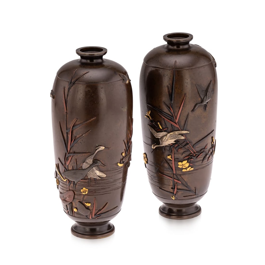 ANTIQUE 19thC JAPANESE MEIJI PERIOD PAIR OF INLAID BRONZE OVOID VASES BY MIYABE C.1890: Antique 19th Century Japanese Meiji period pair of inlaid bronze ovoid vases by Miyabe Atsuyoshi, Kyoto. Each vase is decorated in high relief with gold, silver, shibuichi, shakudō, and copper