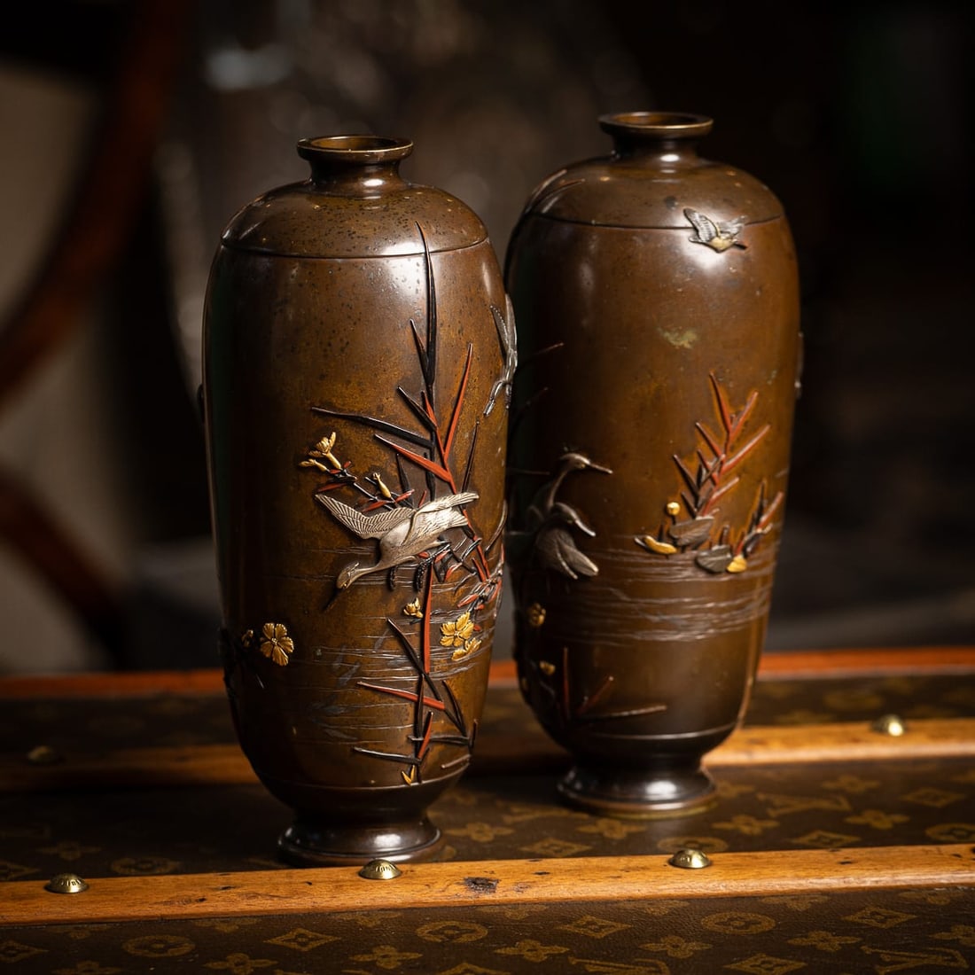 ANTIQUE 19thC JAPANESE MEIJI PERIOD PAIR OF INLAID BRONZE OVOID VASES BY MIYABE C.1890 - 2