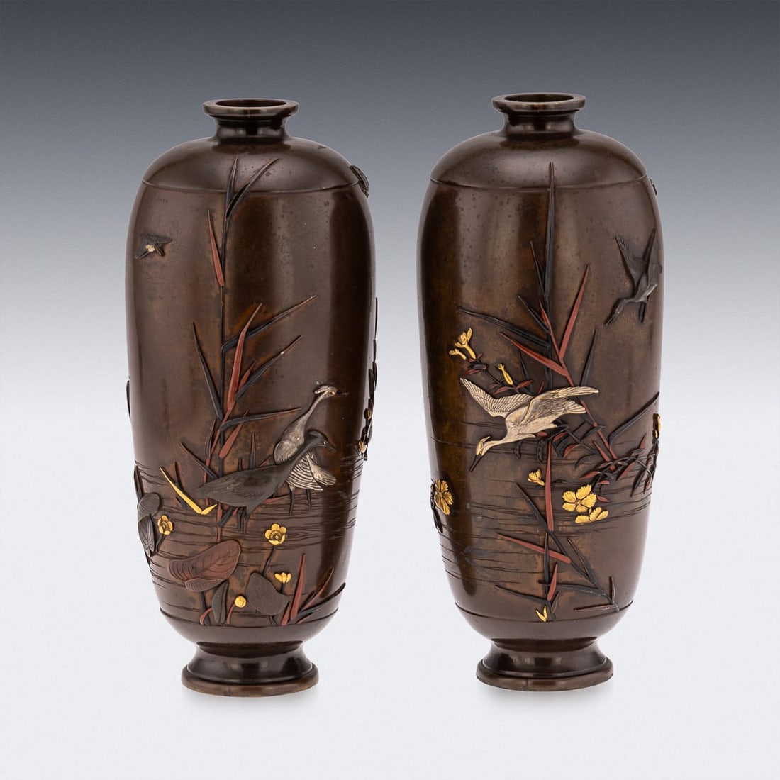 ANTIQUE 19thC JAPANESE MEIJI PERIOD PAIR OF INLAID BRONZE OVOID VASES BY MIYABE C.1890 - 3