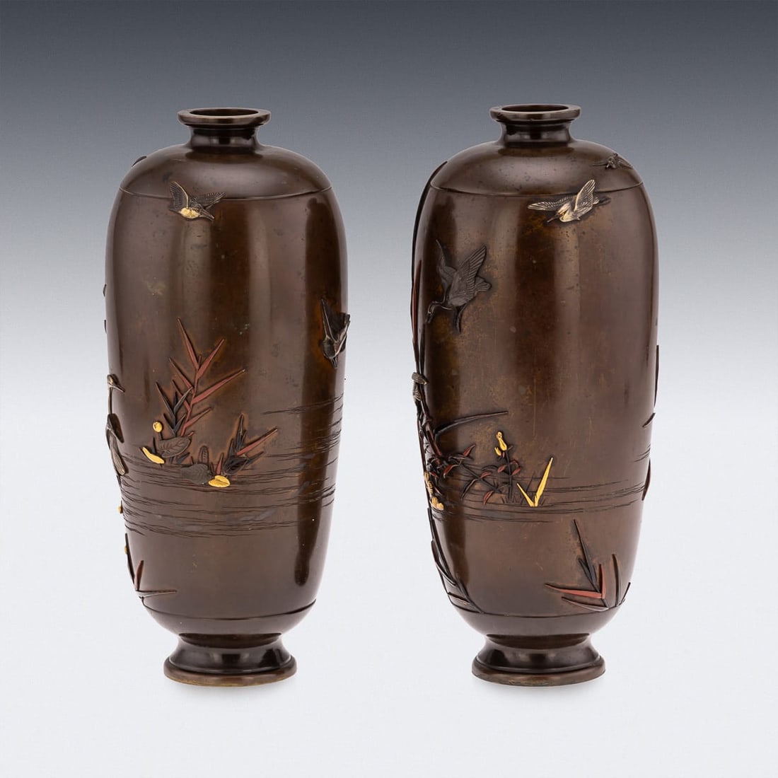 ANTIQUE 19thC JAPANESE MEIJI PERIOD PAIR OF INLAID BRONZE OVOID VASES BY MIYABE C.1890 - 4