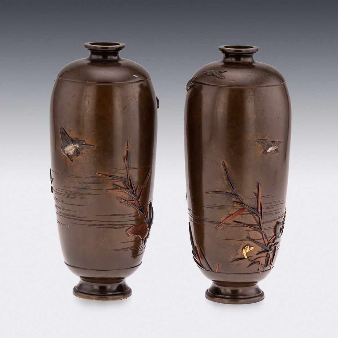 ANTIQUE 19thC JAPANESE MEIJI PERIOD PAIR OF INLAID BRONZE OVOID VASES BY MIYABE C.1890 - 5