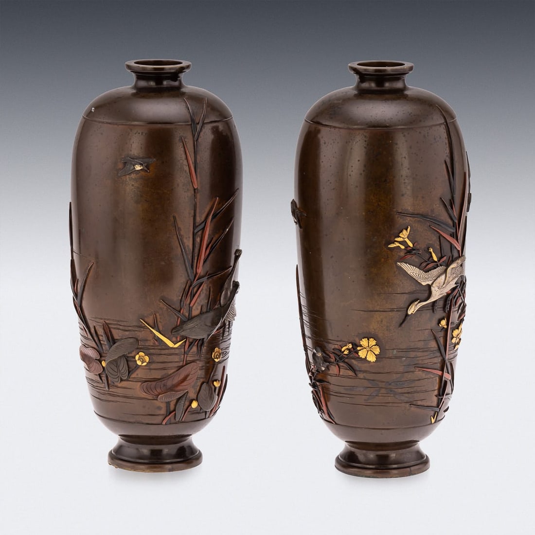 ANTIQUE 19thC JAPANESE MEIJI PERIOD PAIR OF INLAID BRONZE OVOID VASES BY MIYABE C.1890 - 6