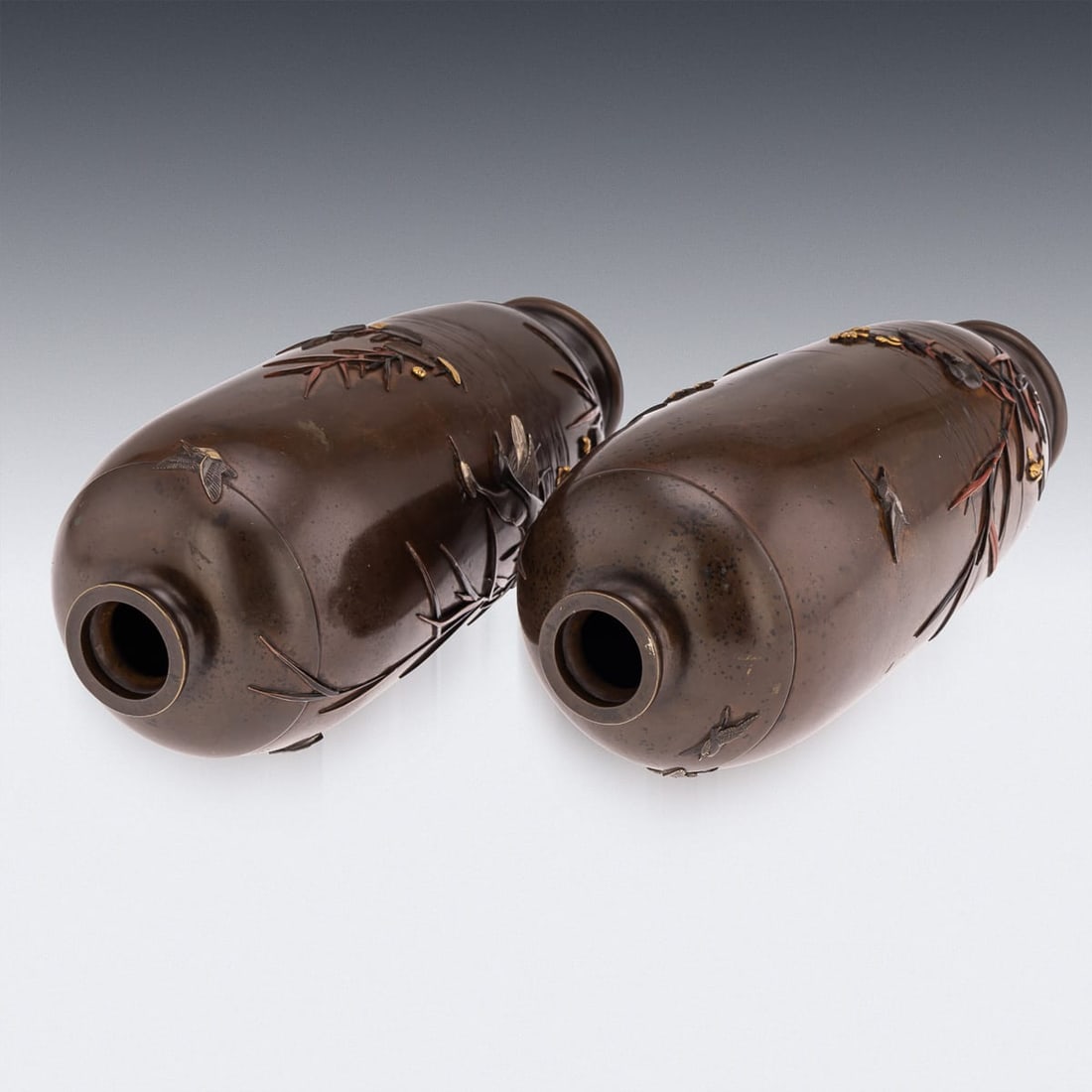 ANTIQUE 19thC JAPANESE MEIJI PERIOD PAIR OF INLAID BRONZE OVOID VASES BY MIYABE C.1890 - 7