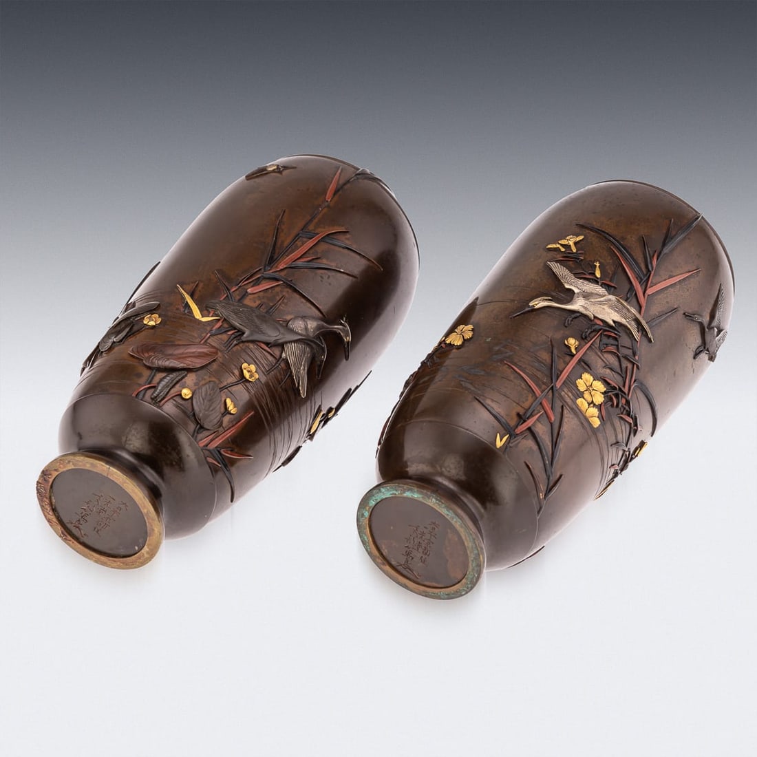 ANTIQUE 19thC JAPANESE MEIJI PERIOD PAIR OF INLAID BRONZE OVOID VASES BY MIYABE C.1890 - 8