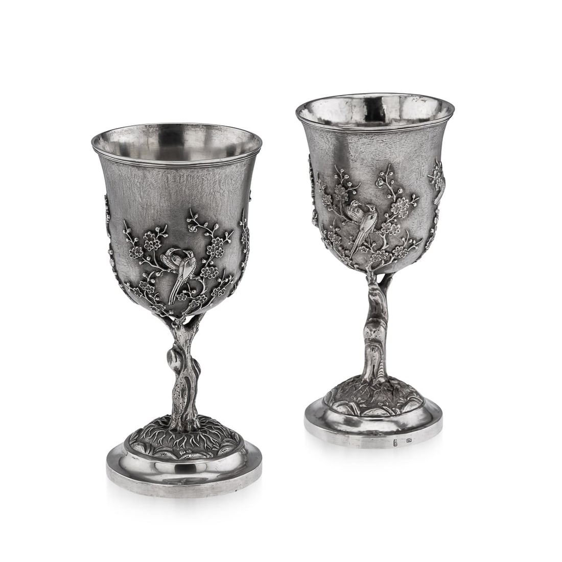 ANTIQUE 19thC CHINESE RARE PAIR OF EXPORT SOLID SILVER GOBLETS, CUMSHING c.1880: Antique 19th Century pair of Chinese export solid silver goblets, impressive and exceptionally fine quality, applied with prunus flowers and exotic birds perching on branches, standing on domed foot