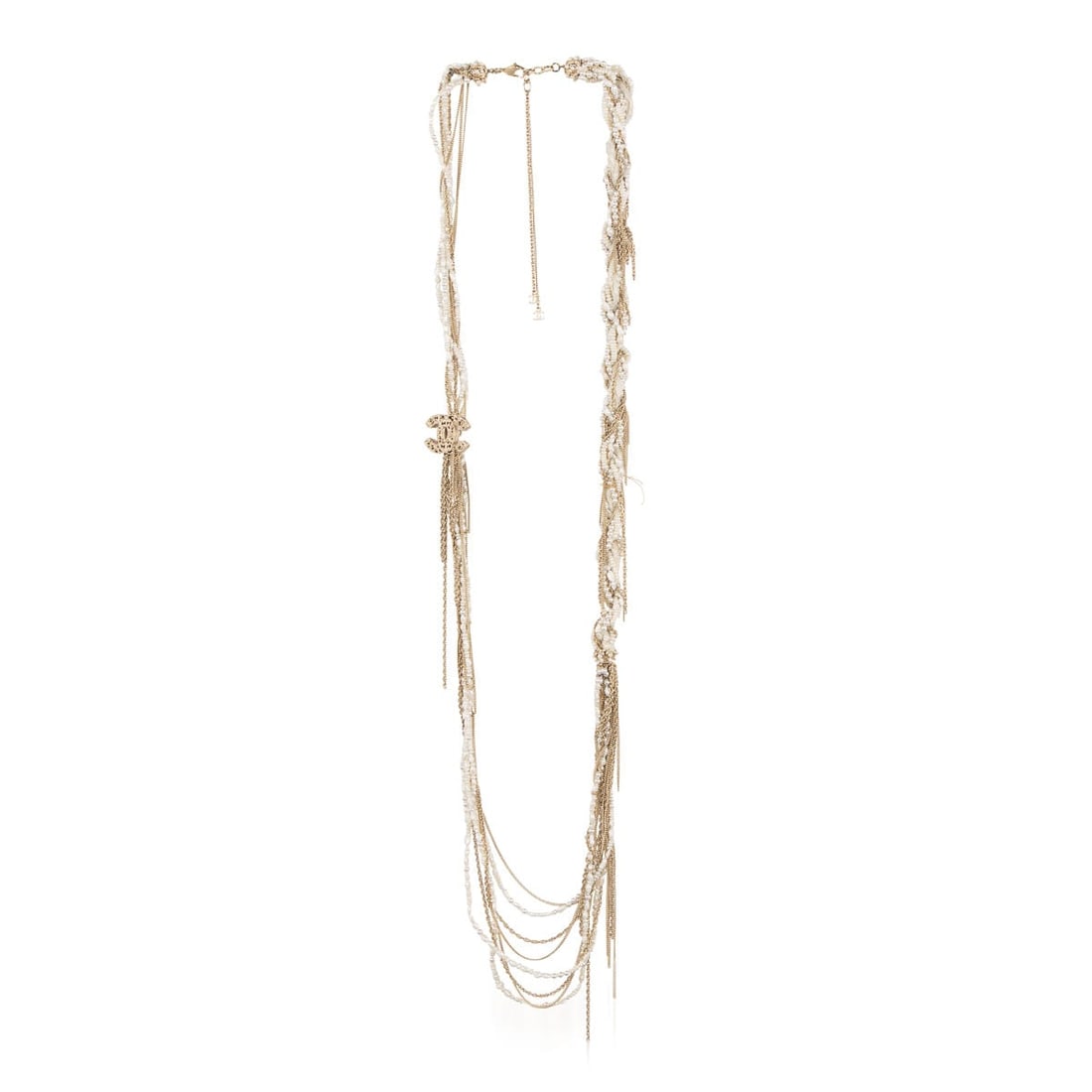 LATE 20TH CENTURY VINTAGE CHANEL SAUTOIR, FRANCE: A really eye-catching sautoir (or long necklace) finished in twisted gold coloured metal chains, faux pearls and white wool. A lovely vintage piece of costume jewellery, extremely en vogue and sure to