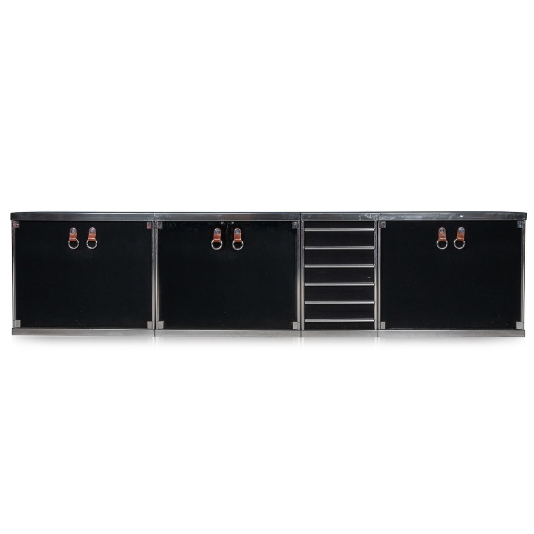 20thC FRENCH FOUR PIECE SIDEBOARD BY GUIDO FALESCHINI FOR HERMES c.1970: A superb four-piece sideboard consisting of three cabinets (one of which with dark smoked glass doors) and one bank of drawers designed by Guido Faleschini for Hermes, France, circa 1970. Hermes
