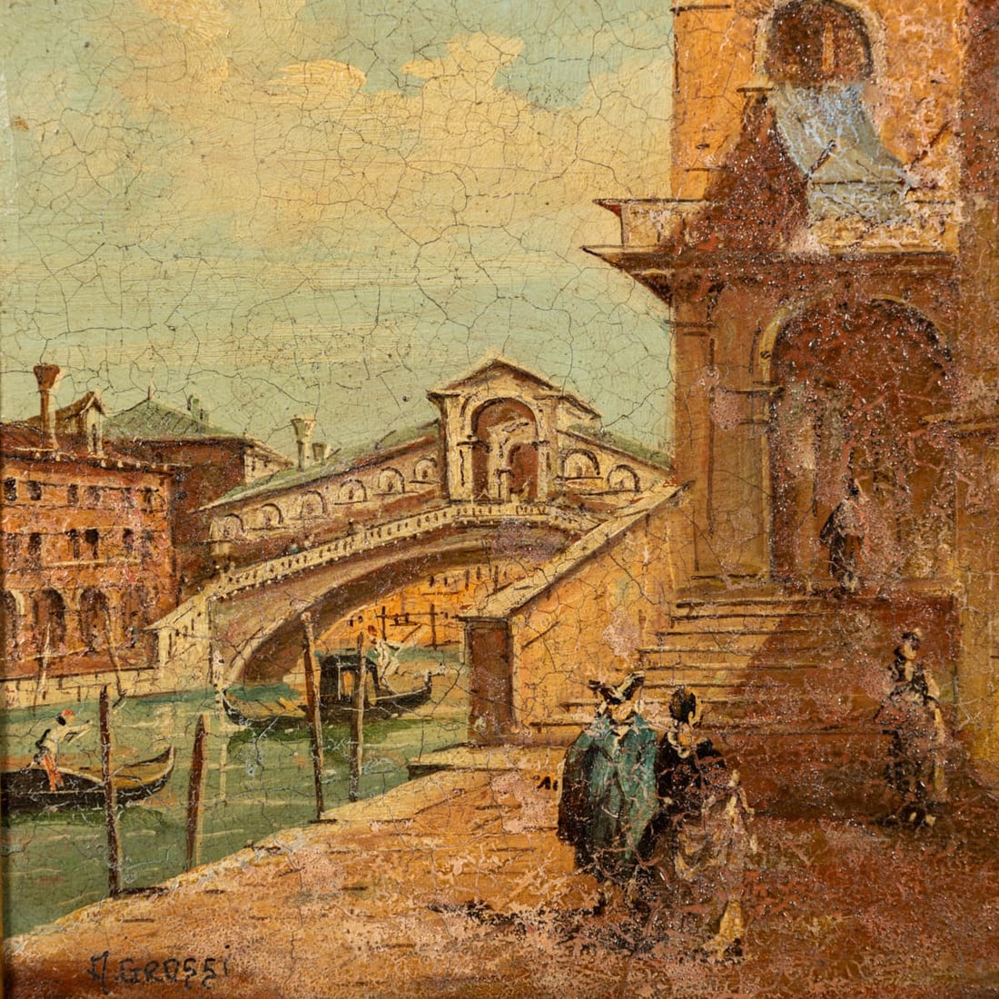 ANTIQUE 20thC PAIR OF VENETIAN CANAL SCENE OIL PAINTINGS BY ALDO GROSSI, ITALY - 11