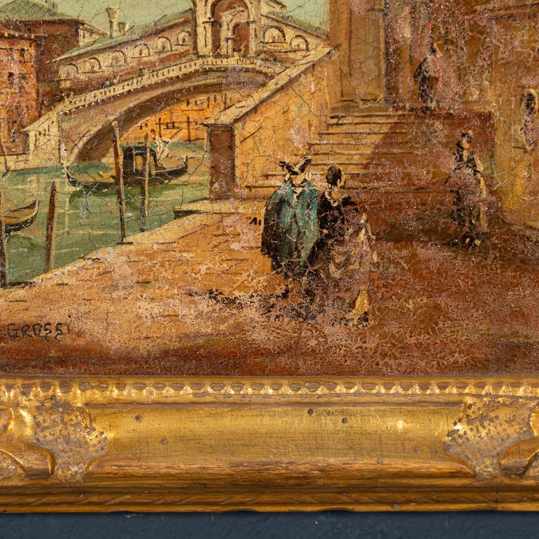 ANTIQUE 20thC PAIR OF VENETIAN CANAL SCENE OIL PAINTINGS BY ALDO GROSSI, ITALY - 13