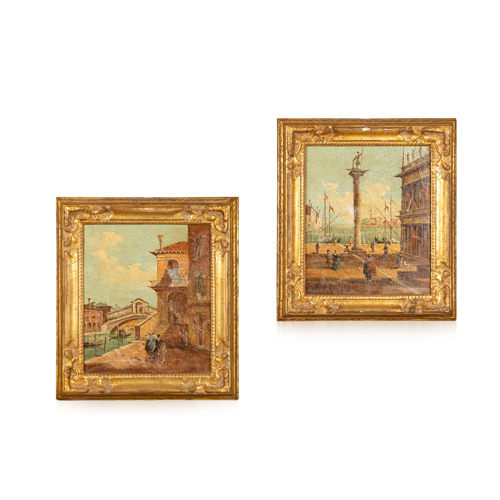 ANTIQUE 20thC PAIR OF VENETIAN CANAL SCENE OIL PAINTINGS BY ALDO GROSSI, ITALY: A charming pair of Italian oil paintings by Aldo Grossi, dating to the early 20th century, depicting two iconic Venetian views. Executed in oil on board in a warm, atmospheric palette, the composition