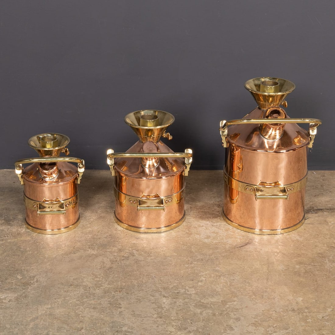VINTAGE 20thC ENGLISH SET OF THREE POLISHED CHECKPUMP PETROL CANISTERS c.1965 - 8