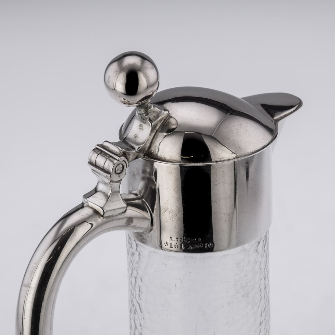 ANTIQUE 20thC GERMAN SOLID SILVER & ETCHED GLASS CLARET JUG c.1900 - 10