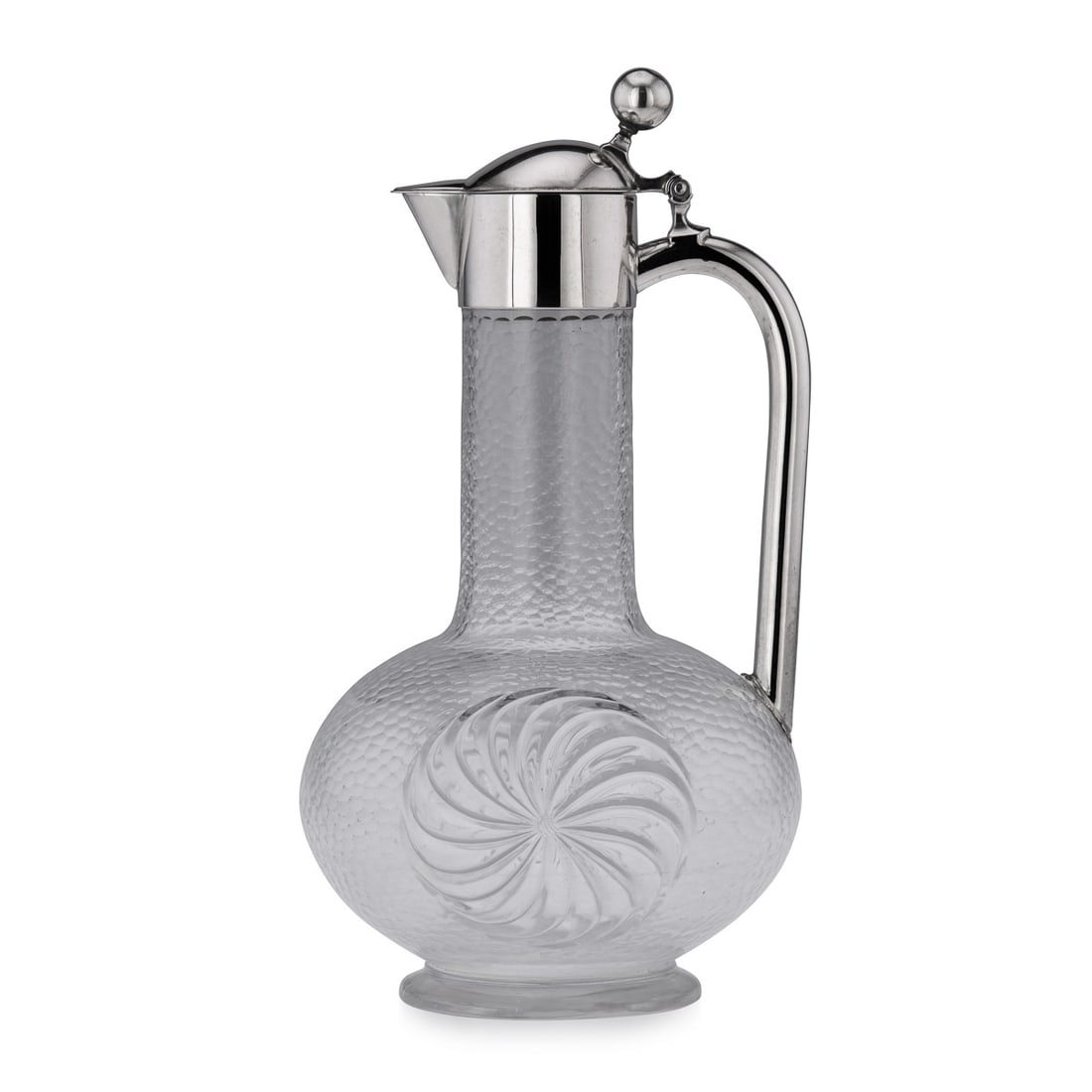 ANTIQUE 20thC GERMAN SOLID SILVER & ETCHED GLASS CLARET JUG c.1900: Antique early-20th Century German solid silver & etched glass claret jug, the baluster body beautifully hand engraved imitating a hand hammered effect, and sides decorated with a round spiral,