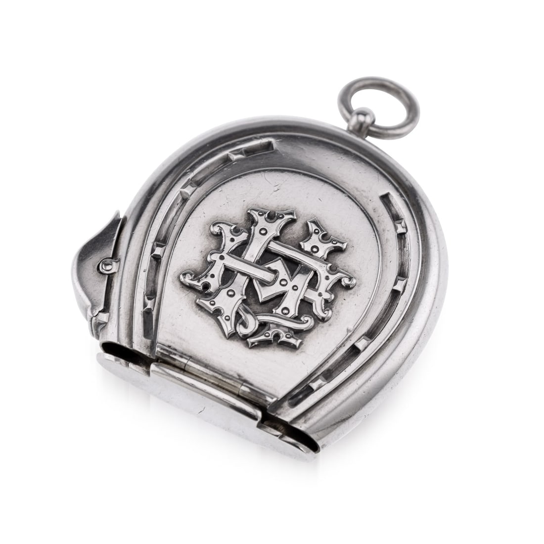 ANTIQUE 19thC VICTORIAN SOLID SILVER LIGHTER & VESTA CASE, LONDON c.1853: Antique mid-19th Century very rare Victorian solid silver vesta case and lighter, in a shape of a horseshoe, opening on both sides, with a compartment for matches and a striker, with wheel to wind