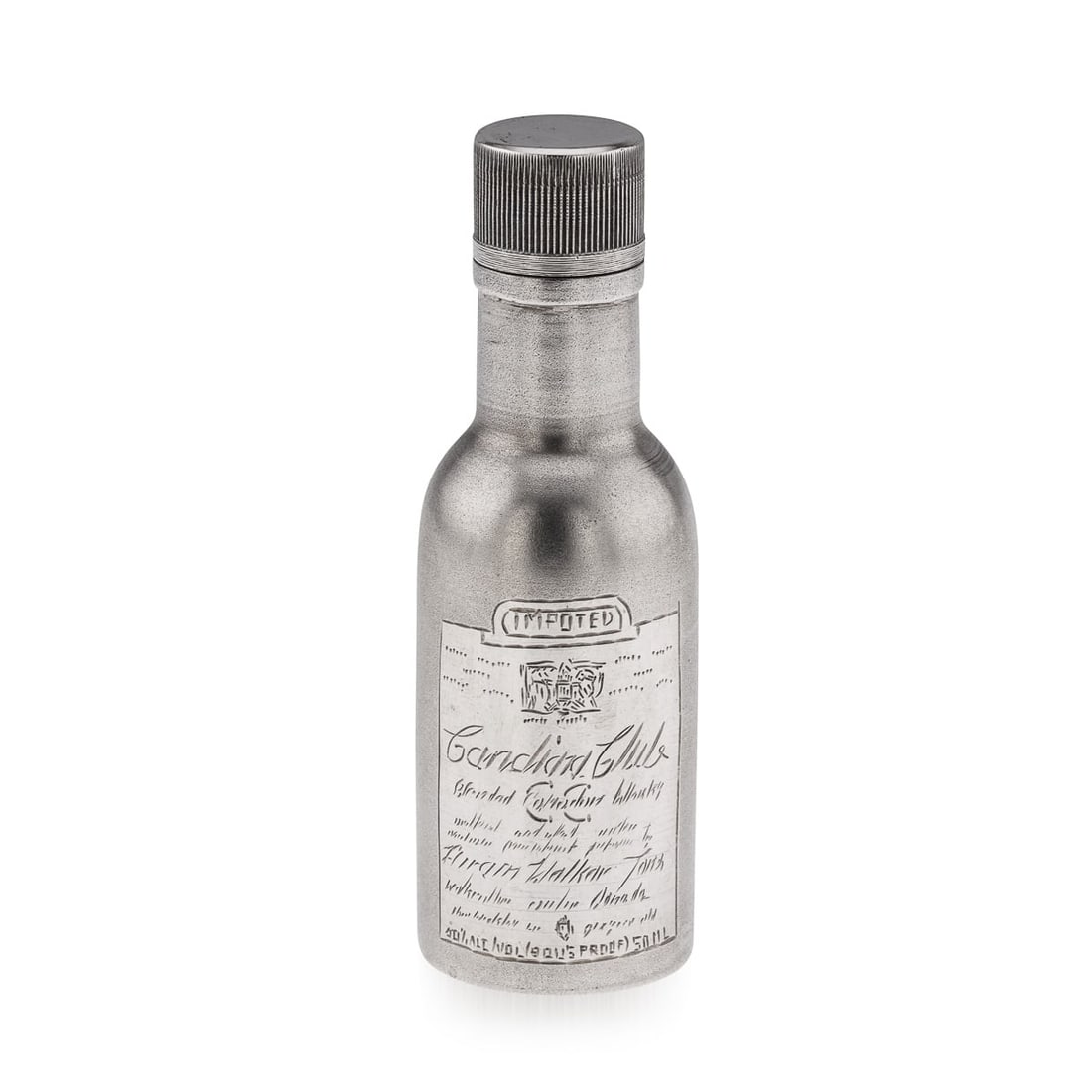 NOVELTY SOLID SILVER MINIATURE CANADIAN CLUB WHISKY BOTTLE: A novelty solid silver Canadian Club whisky bottle. Of a miniature size however heavy gauge throughout. A cylindrical form with a matted finish throughout. Engraved with the label to represent a