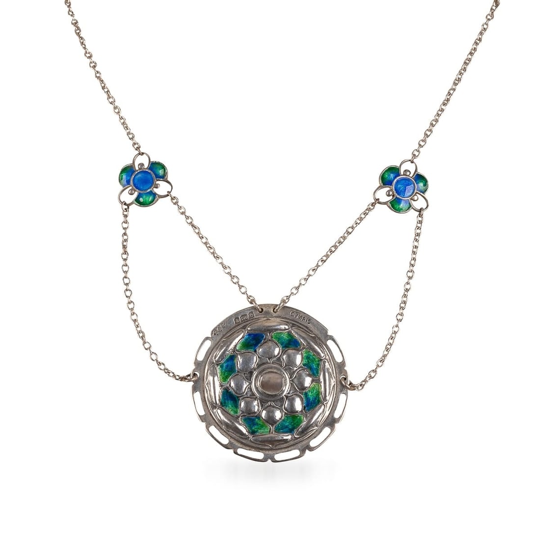 ANTIQUE 20thC SILVER & ENAMEL PENDANT, LIBERTY & CO, BIRMINGHAM c.1904: An exquisite Sunflower silver and enamel pendant with an integral chain, maker's marks for Archibald Knox and Liberty & Co, hallmarks for Birmingham, 1904, length of pendant 8cm, length of chain