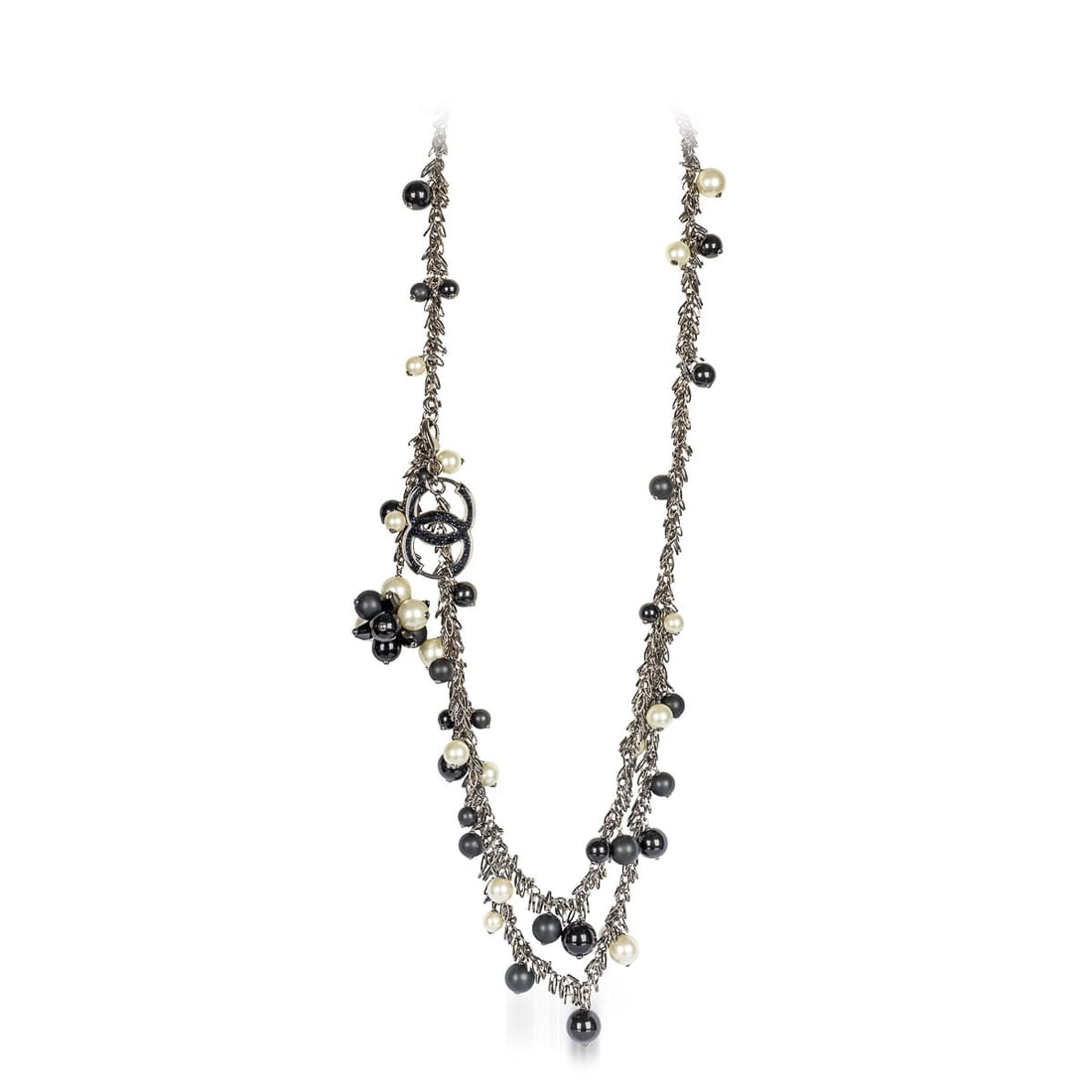 CHANEL 2 STRAND CC LOGO CHAIN BELT / NECKLACE WITH METAL LOOPS, FRANCE c.2005: A stylish Chanel belt / necklace made for the runway collection in 2005. The design is striking, there are many metal loops attached around the chain, which is also adorned with black, matte black and
