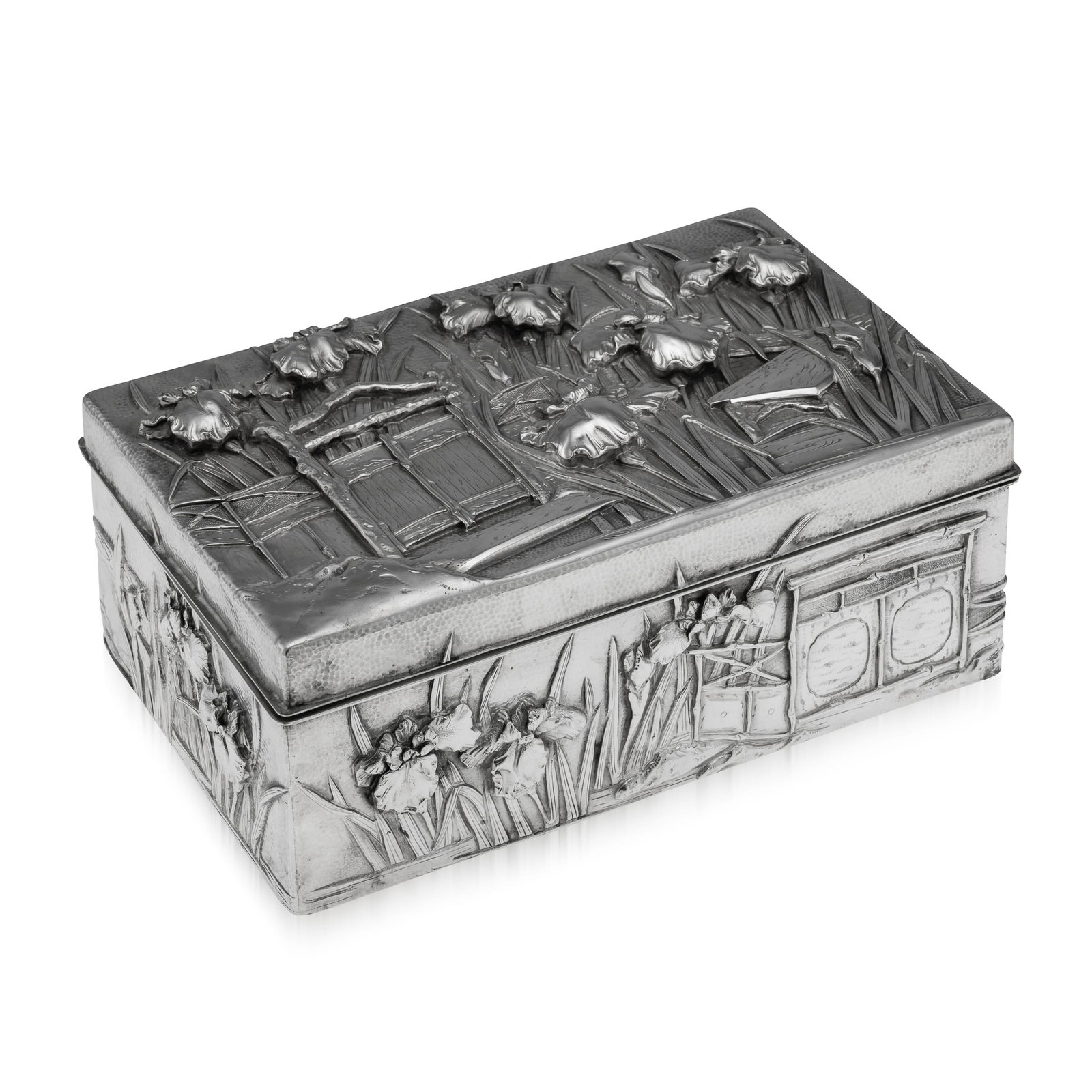 ANTIQUE 20thC JAPANESE MEIJI SOLID SILVER IRIS FLOWER CIGAR BOX, ZUAN c.1900: Antique early 20th Century Japanese Meiji period solid silver cigar box of rectangular form, double walled and finely decorated in high relief with iris flowers emerging from water and a period bamboo