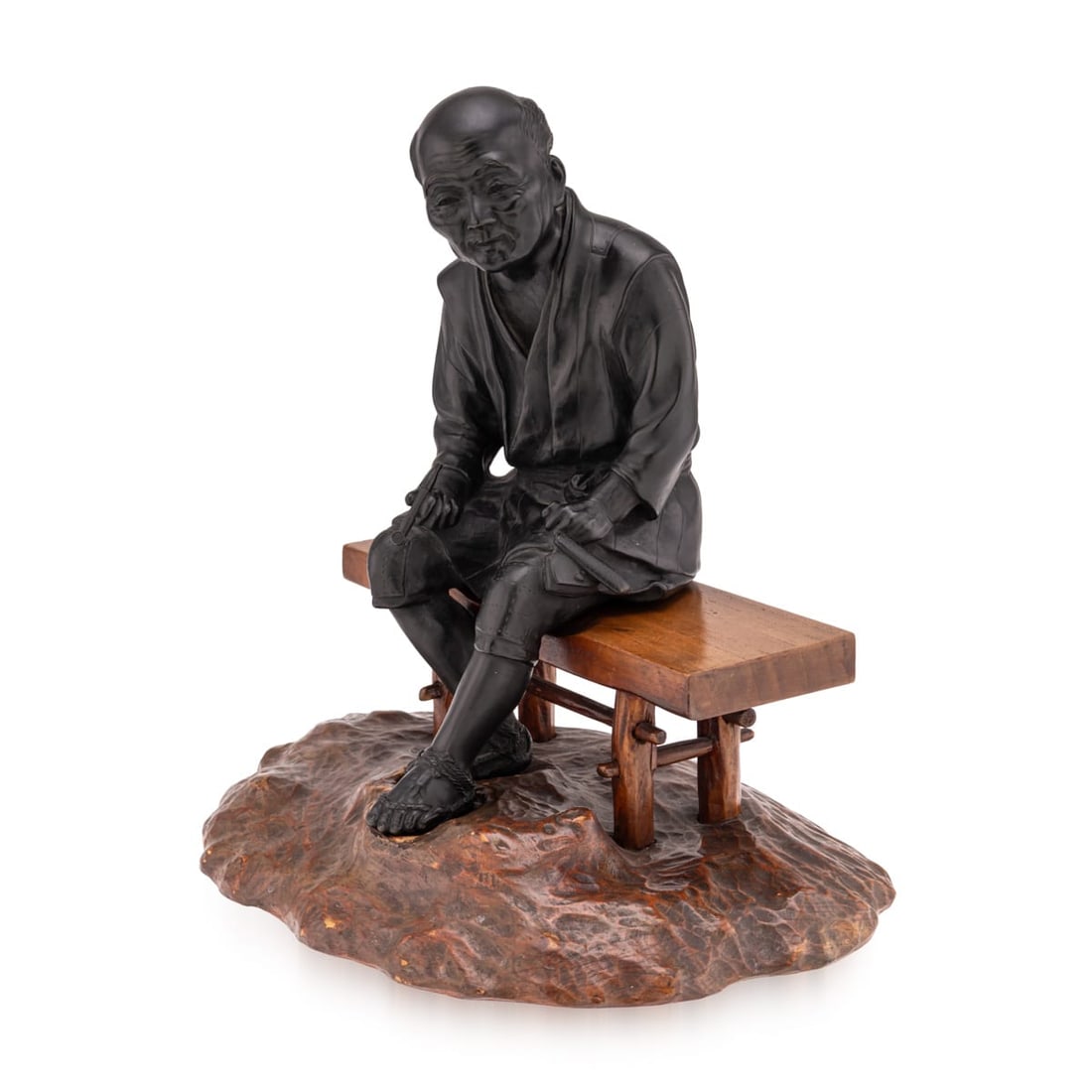 ANTIQUE 19thC JAPANESE MEIJI PERIOD TAKAAKIA BRONZE OKIMONO C.1890: Antique 19th Century Japanese Meiji period Takaakia bronze okimono. The elderly man is seated at rest on a removable wooden bench and stand, his left leg outstretched, holding in his left hand a
