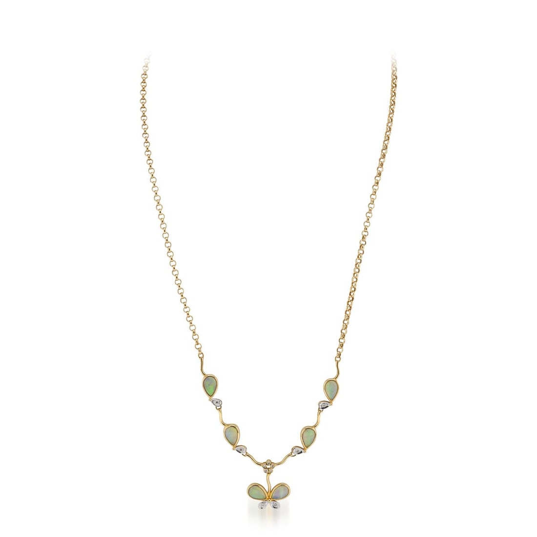 VINTAGE 20thC ITALIAN 18K YELLOW GOLD, OPAL & DIAMOND NECKLACE: A vintage 20th Century Italian 18k yellow gold necklace featuring a boticanical inspired design set with natural opal and small natural diamonds. The opals are arranged in a soft pear shaped
