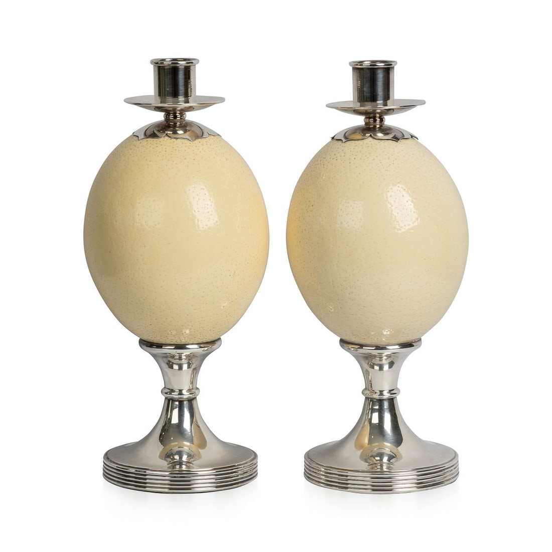 PAIR OF OSTRICH EGG MOUNTED SILVER PLATE CANDLESTICKS, ANTHONY REDMILE c.1970 - 2