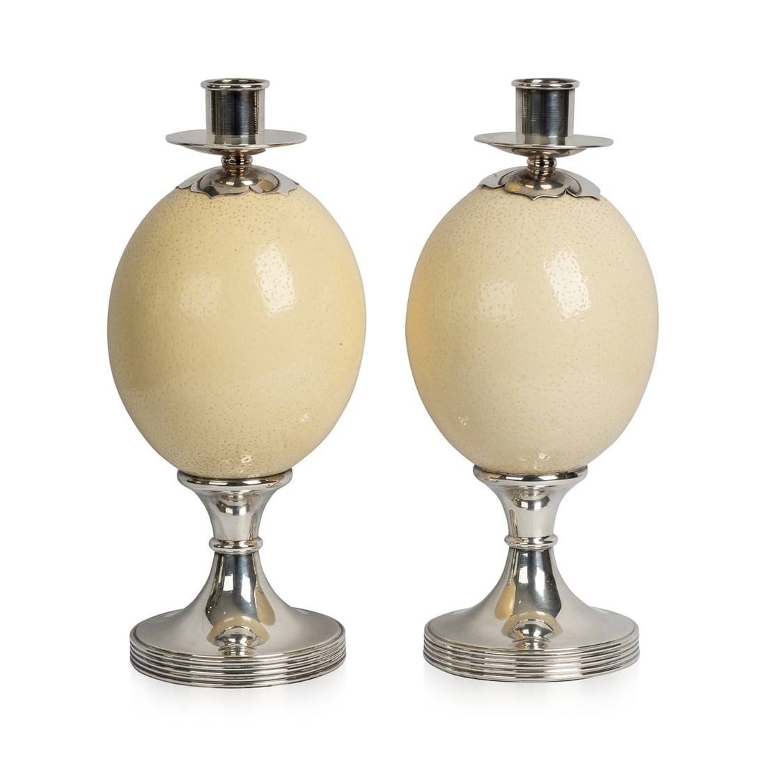 PAIR OF OSTRICH EGG MOUNTED SILVER PLATE CANDLESTICKS, ANTHONY REDMILE c.1970 - 3