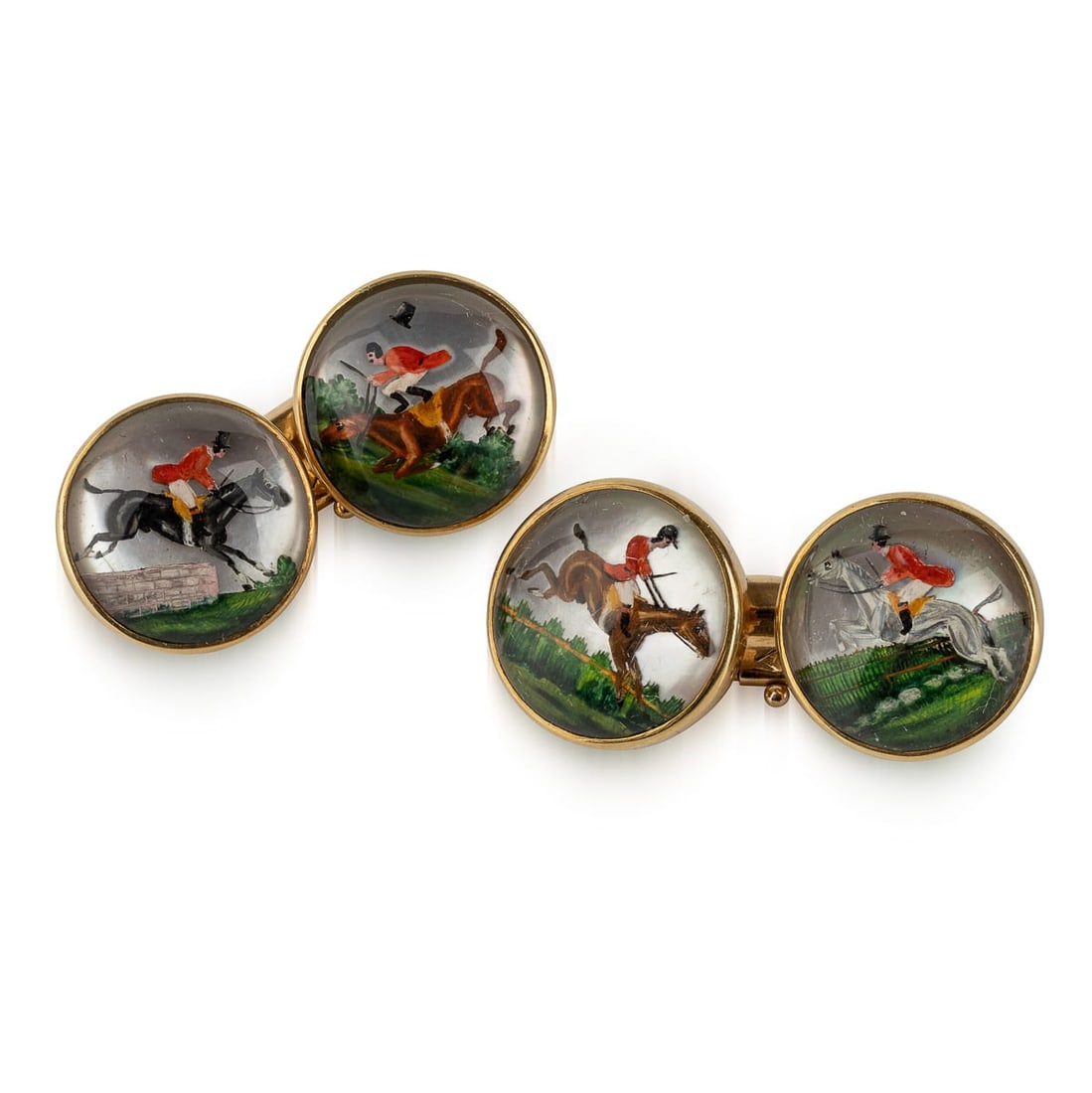 ANTIQUE 20thC EDWARDIAN CASED 18K GOLD "SHOWJUMPING" CUFFLINKS, LONDON c.1900: Antique 20th Century Edwardian made 18k yellow gold cufflinks, of plain round form beautifully applied with encased minature showjumping scenes. The pair comes in a beautiful silk lined presentation