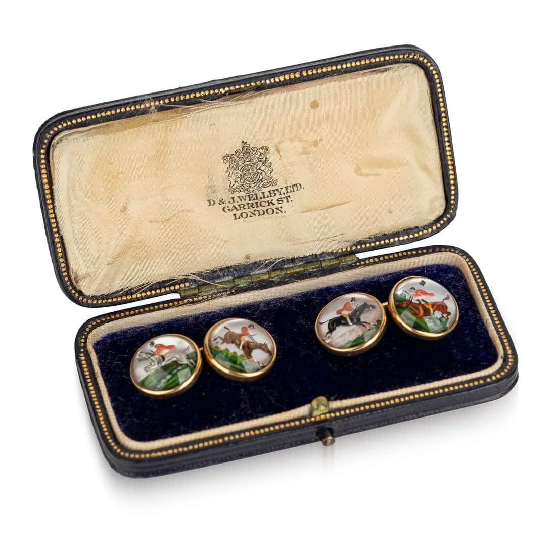 ANTIQUE 20thC EDWARDIAN CASED 18K GOLD "SHOWJUMPING" CUFFLINKS, LONDON c.1900 - 6