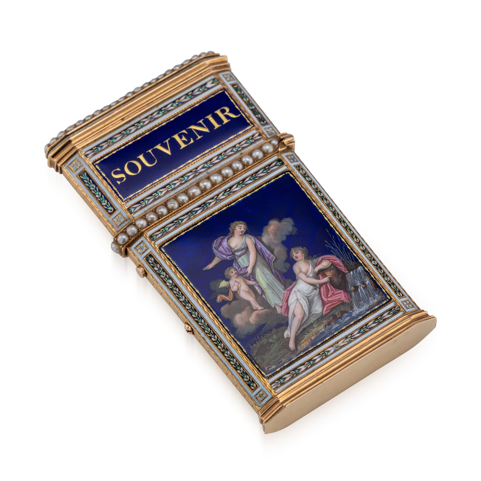 ANTIQUE 18thC SWISS GOLD, ENAMEL & SEED PEARL AIDE MEMOIRE "SOUVENIR" BOX c.1790: Antique late 18th Century Swiss gold, enamel, and seed pearl aide mémoire box, crafted in a tapering rectangular form with canted edges. The cover features a central translucent dark blue enamel