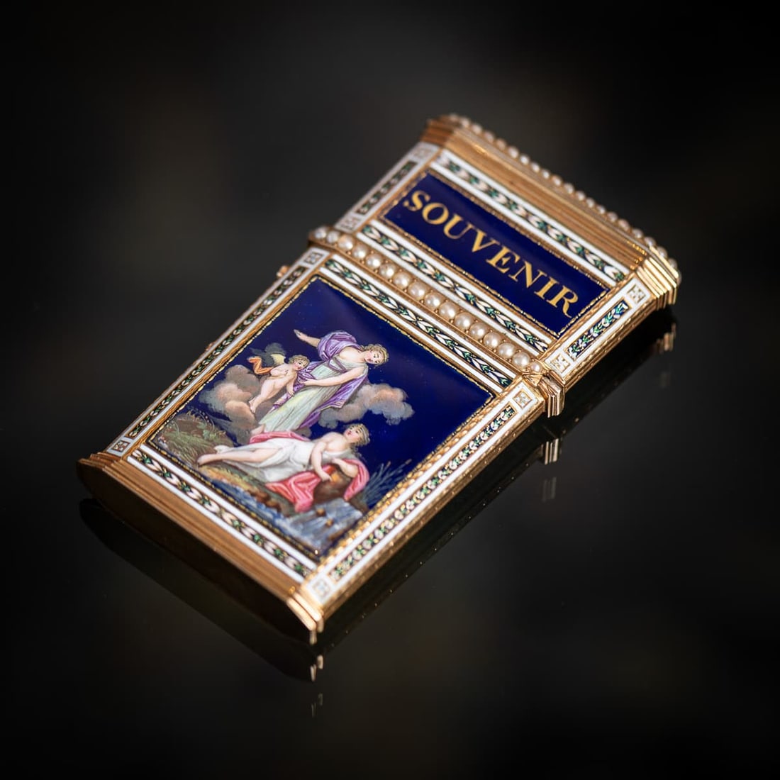ANTIQUE 18thC SWISS GOLD, ENAMEL & SEED PEARL AIDE MEMOIRE "SOUVENIR" BOX c.1790 - 2