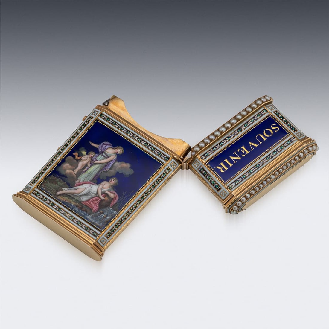 ANTIQUE 18thC SWISS GOLD, ENAMEL & SEED PEARL AIDE MEMOIRE "SOUVENIR" BOX c.1790 - 5