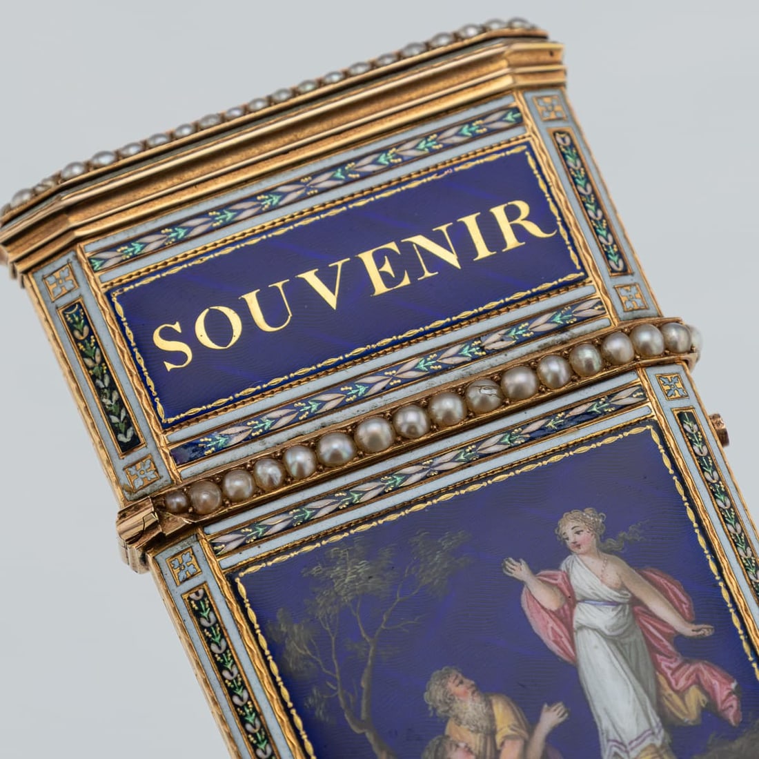 ANTIQUE 18thC SWISS GOLD, ENAMEL & SEED PEARL AIDE MEMOIRE "SOUVENIR" BOX c.1790 - 8