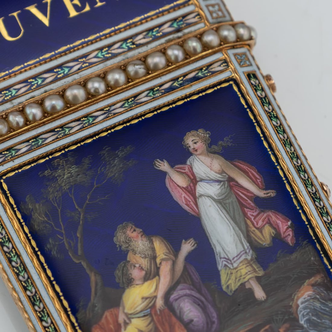 ANTIQUE 18thC SWISS GOLD, ENAMEL & SEED PEARL AIDE MEMOIRE "SOUVENIR" BOX c.1790 - 9