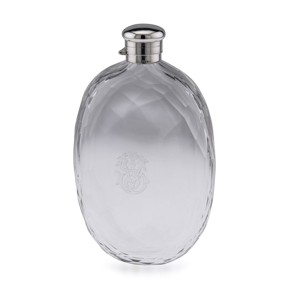 ANTIQUE 19thC VICTORIAN SOLID SILVER & GLASS HUGE HIP FLASK, LONDON c.1874: Antique 19th Century Victorian solid silver and cut glass spirit flask, unusually large, of rounded oval form, with a plain hinged and twist lid, the glass body hand engraved with large and very