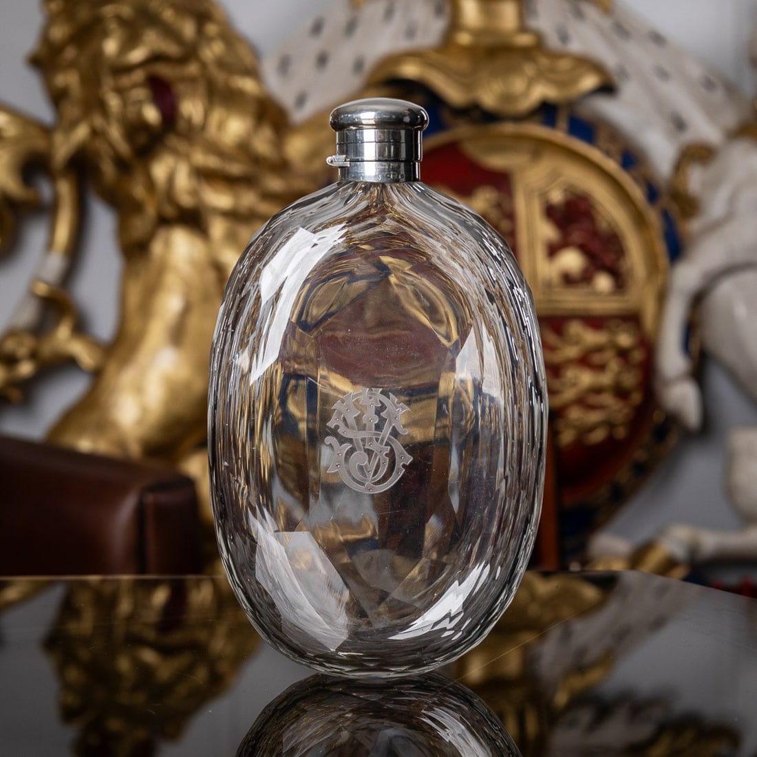 ANTIQUE 19thC VICTORIAN SOLID SILVER & GLASS HUGE HIP FLASK, LONDON c.1874 - 3