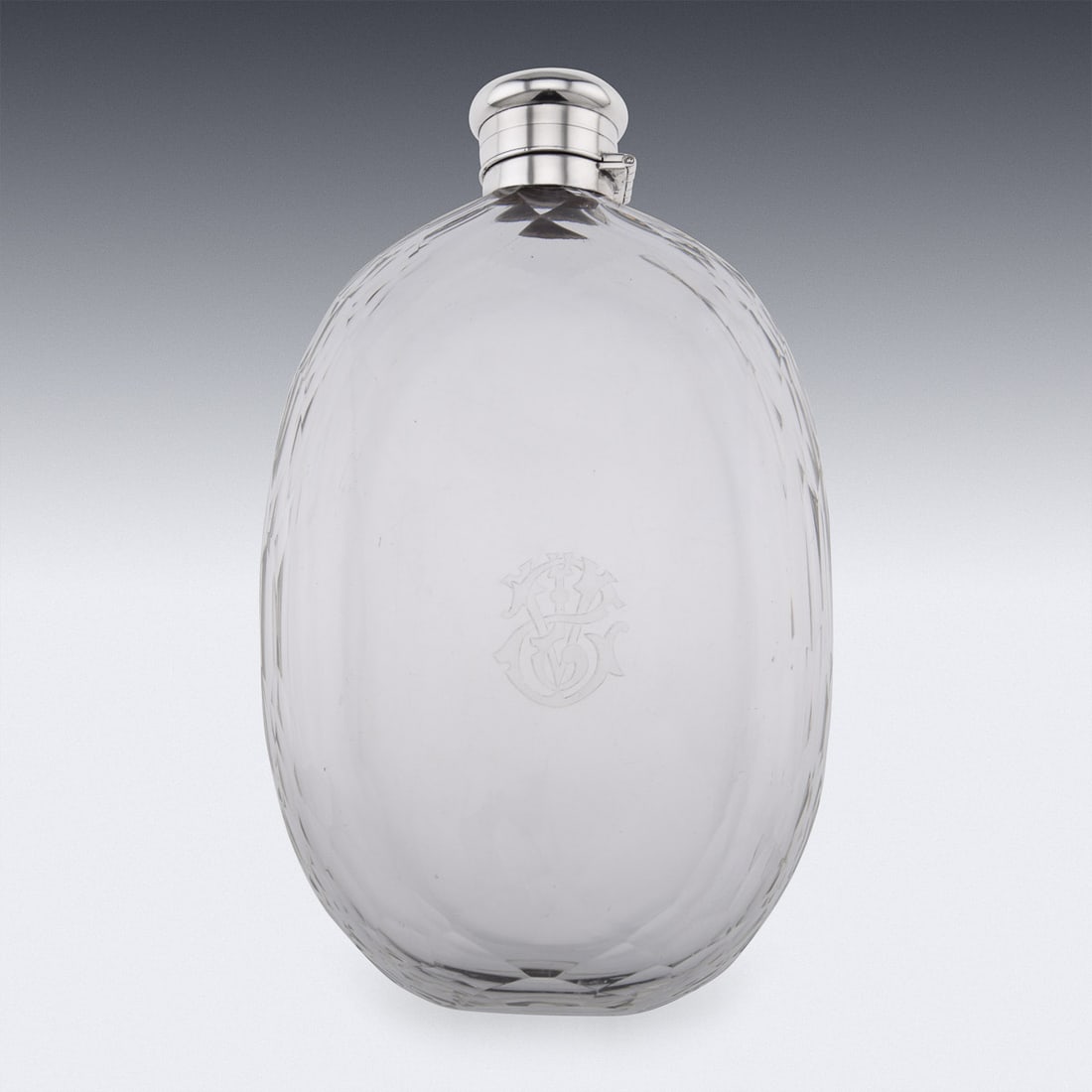 ANTIQUE 19thC VICTORIAN SOLID SILVER & GLASS HUGE HIP FLASK, LONDON c.1874 - 4