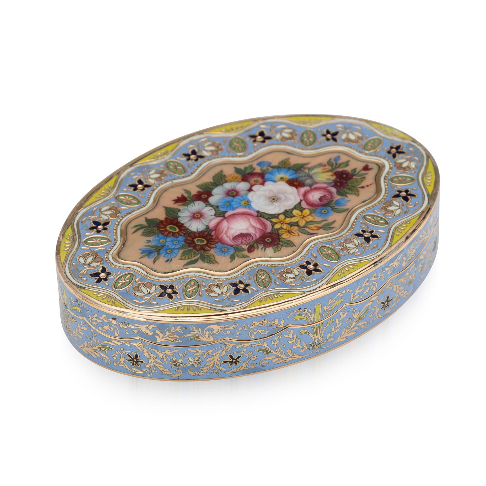 ANTIQUE 19thC SWISS 18k SOLID GOLD & ENAMEL SNUFF BOX, GENEVA c.1830: Antique 19th Century Swiss 18k gold and enamel snuff box made for the Ottoman market, oval with scalloped edges, the lid painted with a bouquet of roses and peonies and other flowers, framed by pale
